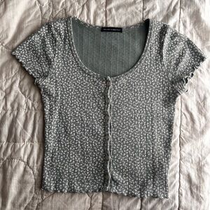 Brandy Melville Floral Mint Ribbed Short Sleeve Zelly Top
